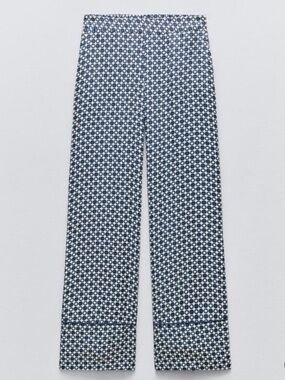 Zara Navy and White Printed Wide-Leg Pants